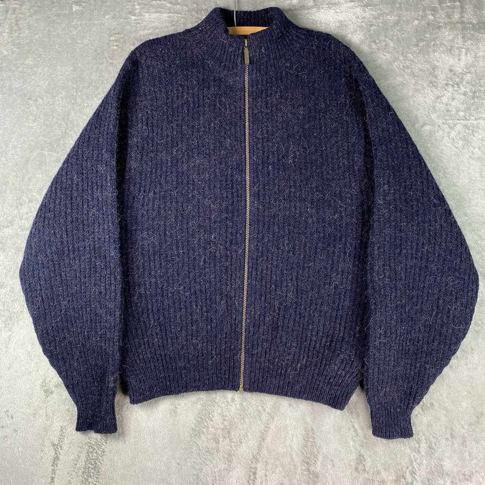 Vintage LL Bean Sweater Mens L Blue Made In USA Wool Alpaca Rib Full Zip Grandpa